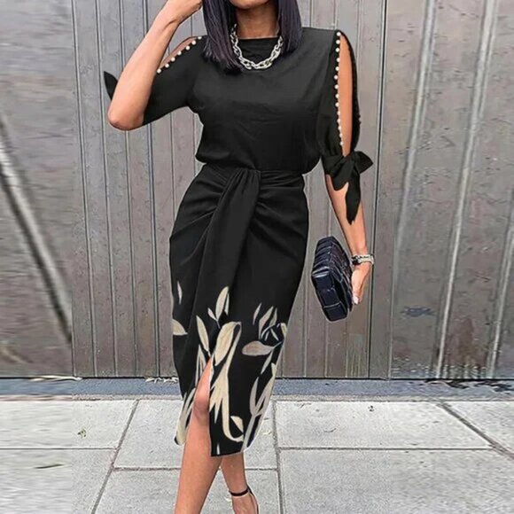 Elegant Black Midi Dress with Floral Accents - Picture 5 of 5